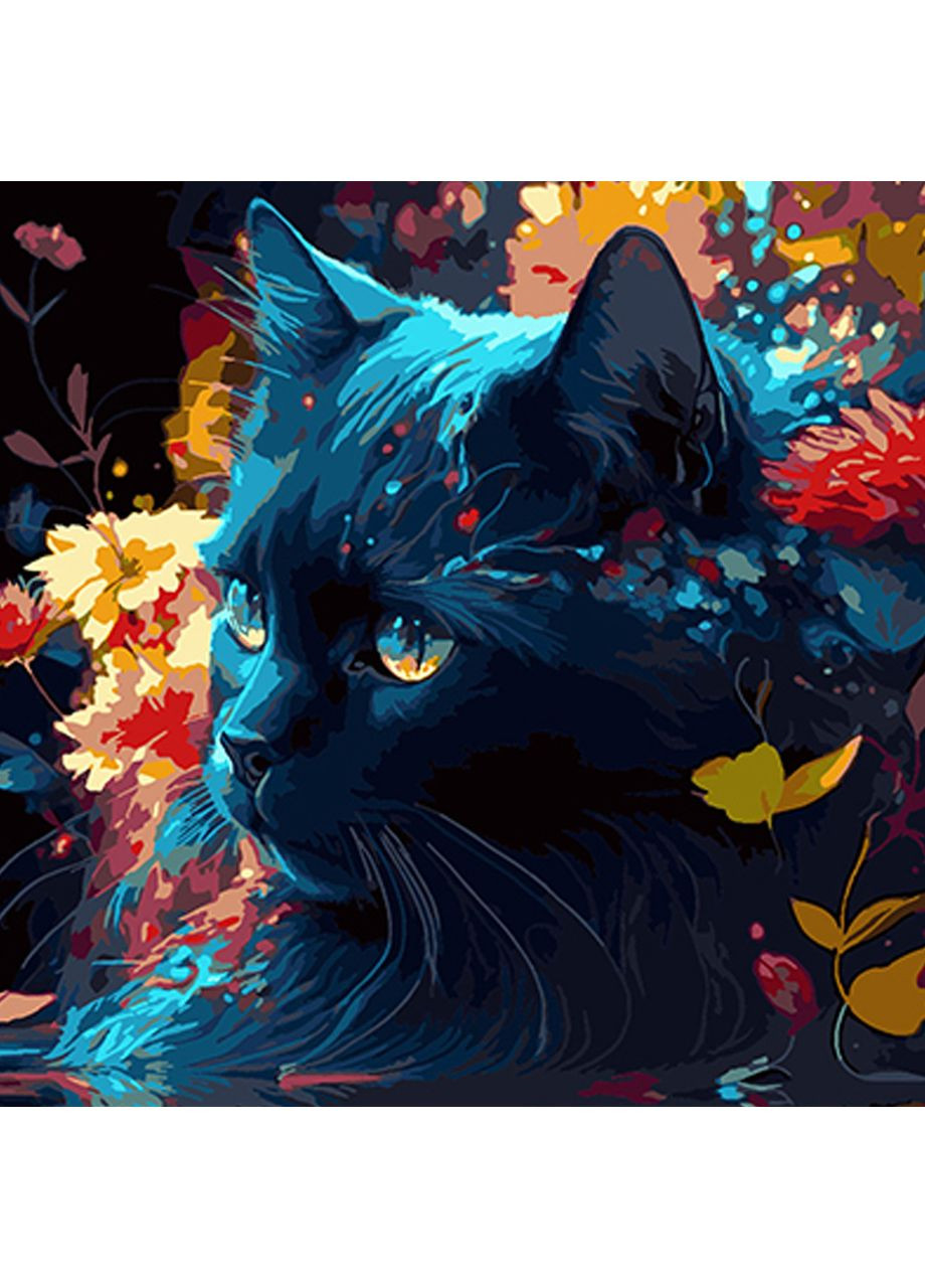 Картина за номерами ПРЕМІУМ Чорний кіт і квітковий мотив на чорному фоні розміром 40х40 см (AV4040-49) Strateg (362501158)