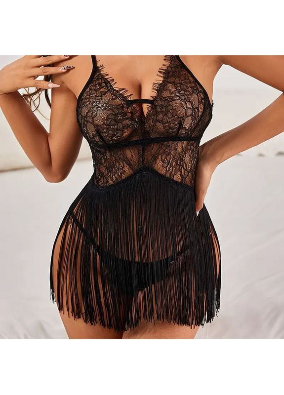 Шикарний пеньюар із м'якого мережива чорного кольору. Мереживний пеньюар із стрінгами на бретелях China (360862402)