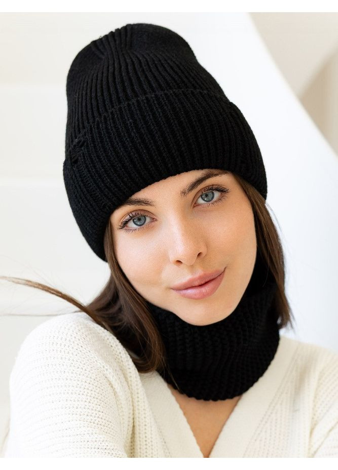 Жіноча в’язана шапка і хомут набір 1 вовна 20% з відворотом Чорний No Brand (361309598)