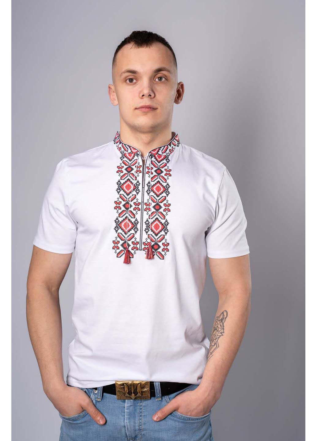 Біла чоловіча вишита футболка Melanika візерунок українська символіка пряма, приталена бавовна, еластан (363318649)