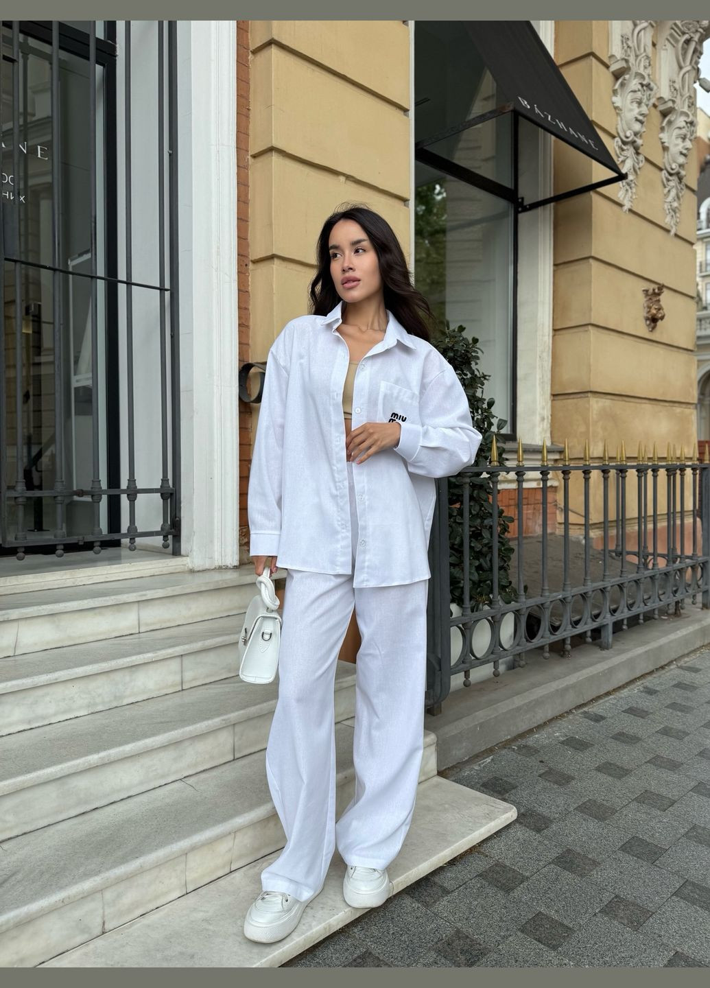 Жіночий ляний костюм штани палаццо сорочка на ґудзиках білий You Best (333614904)