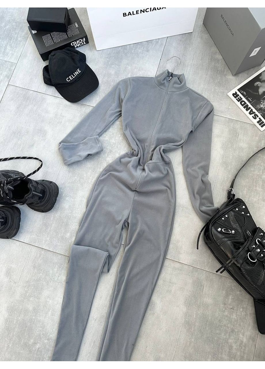 Жіночий теплий комбінезон No Brand комбінезон-брюки однотонний сірий спортивний, повсякденний, домашній, кежуал трикотаж