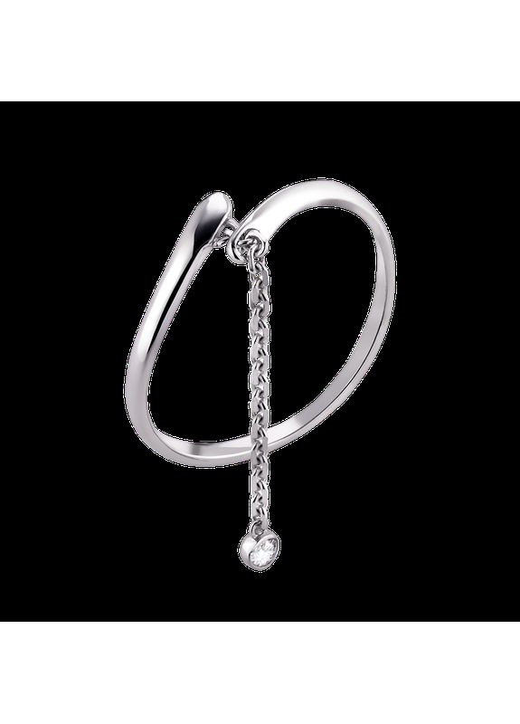Срібна каблучка незамкнена з ланцюжком та маленьким білим фіанітом Каштан (342334834)