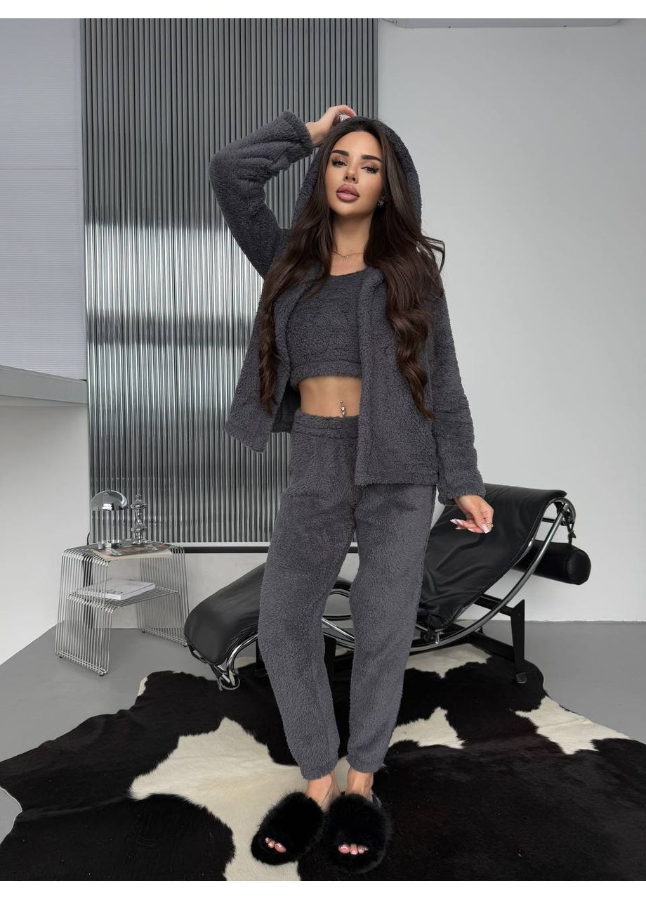Графитовая женская махровая пижама тройка рубашка + топ + брюки No Brand Р4936-349/3