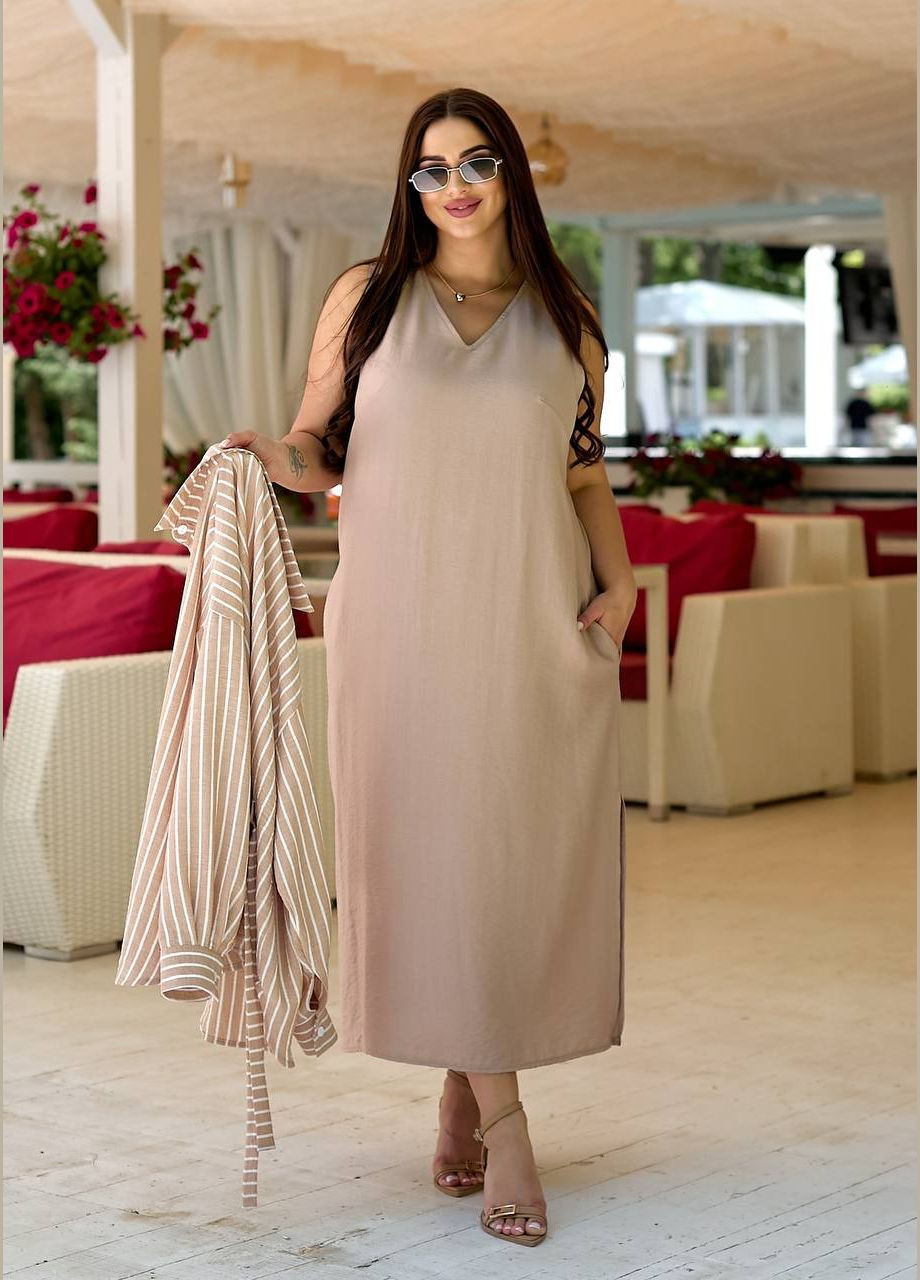 Бежевое кэжуал летнее платье из натурального льна силуэтная Nobilitas однотонное