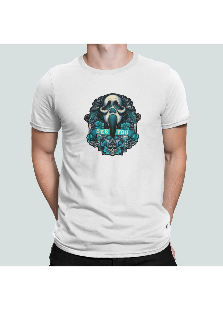 Белая мужская футболка с принтом ghostface scream гоустфейс крик хэллоуин Stedman