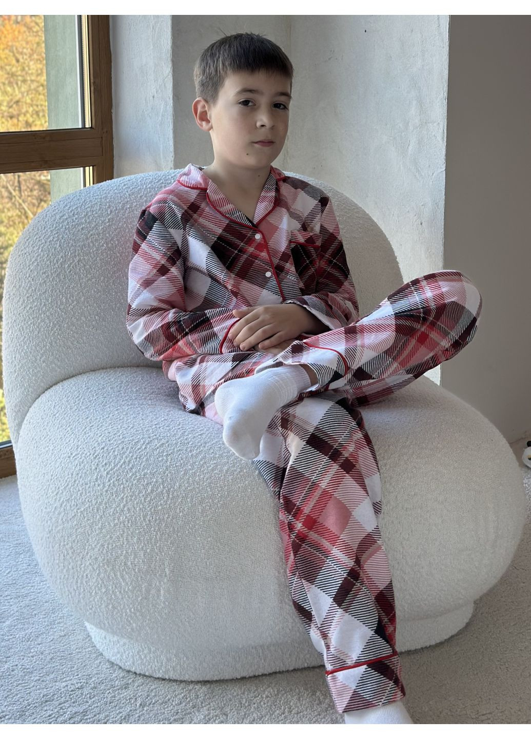 Червона всесезон дитяча новорічна тепла піжама з фланелі клітинка Sisters Cherries