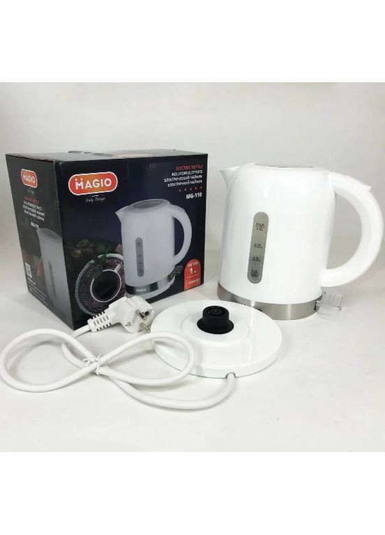 Електрочайник MG-110 пластиковий чайник для дому з індикатором рівня води 1 л 1100 Вт Білий Magio (361851545)