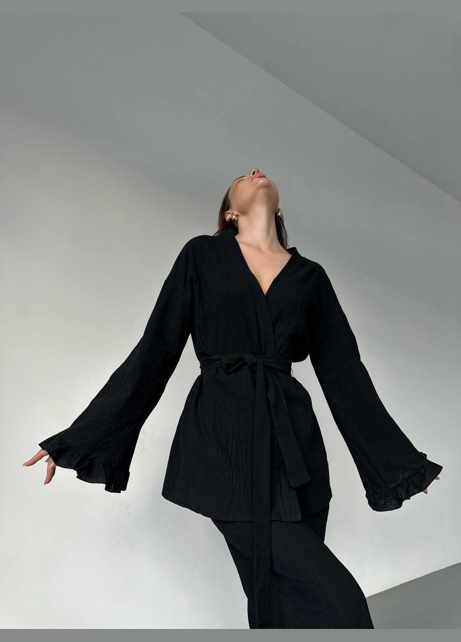 Качественный льняной костюм двойка (кимоно+брюки) с поясом в комплекте, приятный к телу черный костюм из натуральной ткани No Brand 1576-2 (301407587)