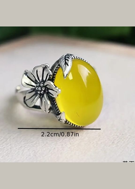 Серебристое кольцо с желтым камнем в виде цветка слива регулируемое Liresmina Jewelry (333650713)