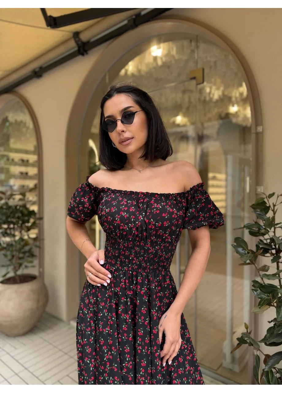 Черное платье длинное вечернее в цветок черного цвета 38529 клеш Fashion с цветочным принтом