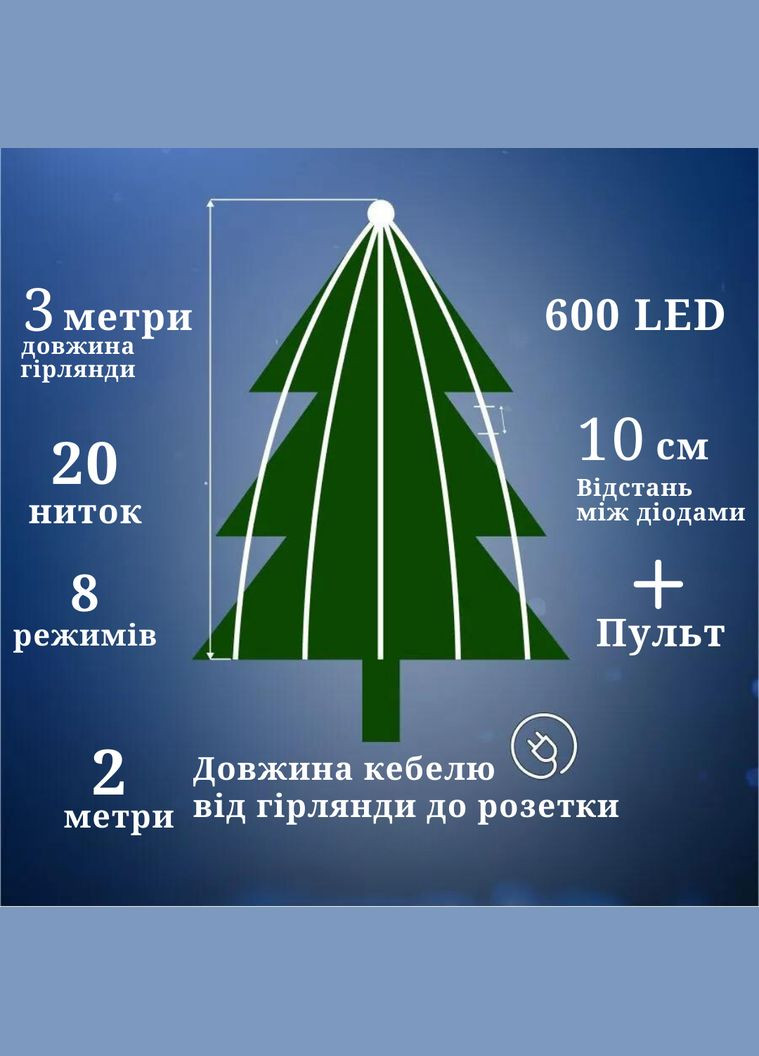 Роса пучок 3 метри 20 ниток кінський хвіст з пультом керування 600 Led гірлянда для ялинки на 8 режимів холодний білий Niki Light (304290100)