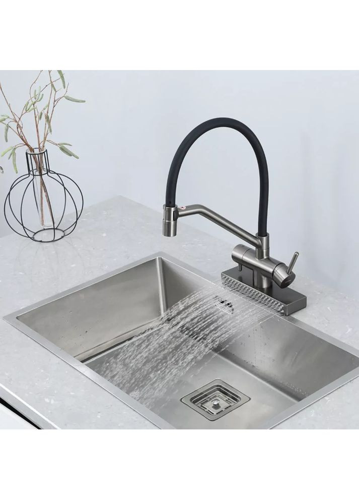 G4098-9 кухня одноваж. вис. вилив+ ВОДОСПАД латунь гайка карт. 90° Ø35 (гангрей/чорний) {8/1} GAPPO (371881948)