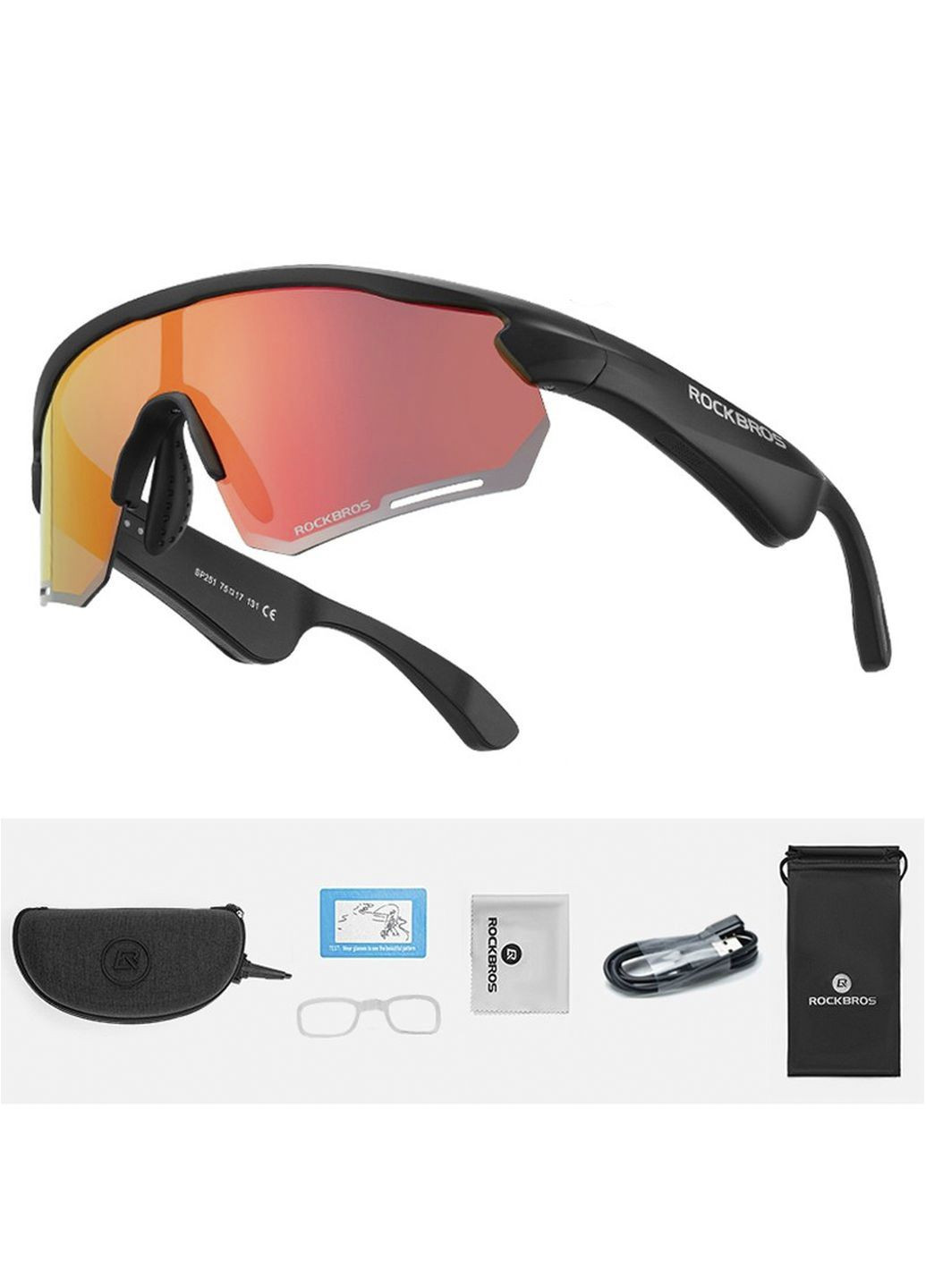 Спортивные очки -SP251R с динамиками, блютуз 5.2 с поляризацией черные с красной линзой Rockbros (280826731)