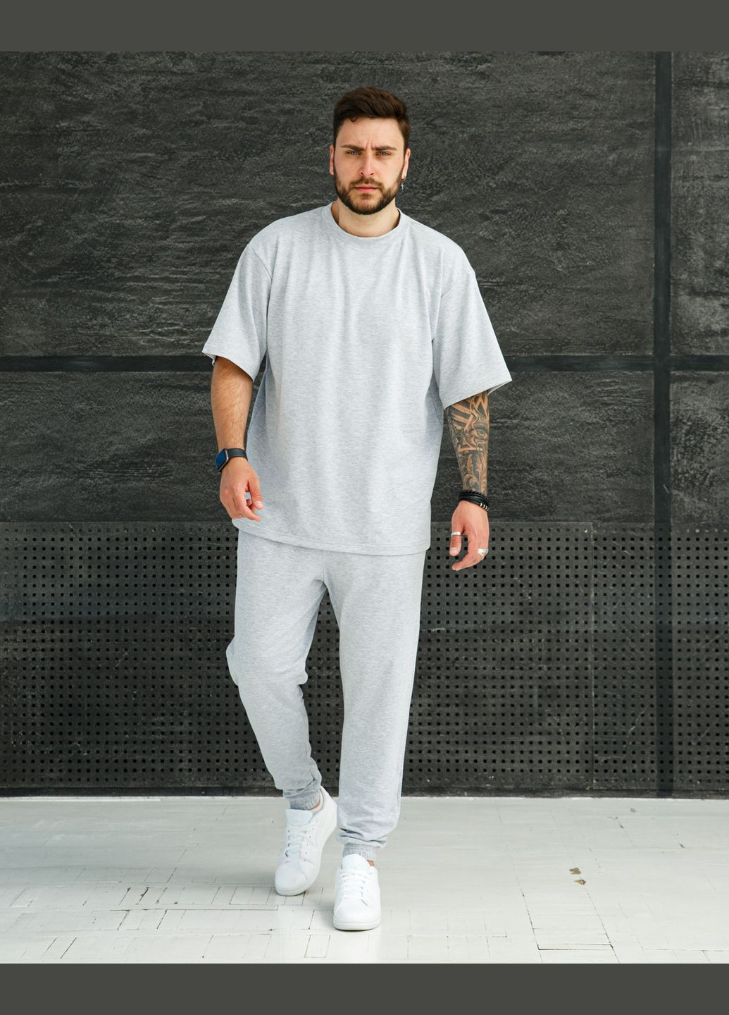 Серый летний комплект мужской оверсайз (штаны+футболка) No Brand комп