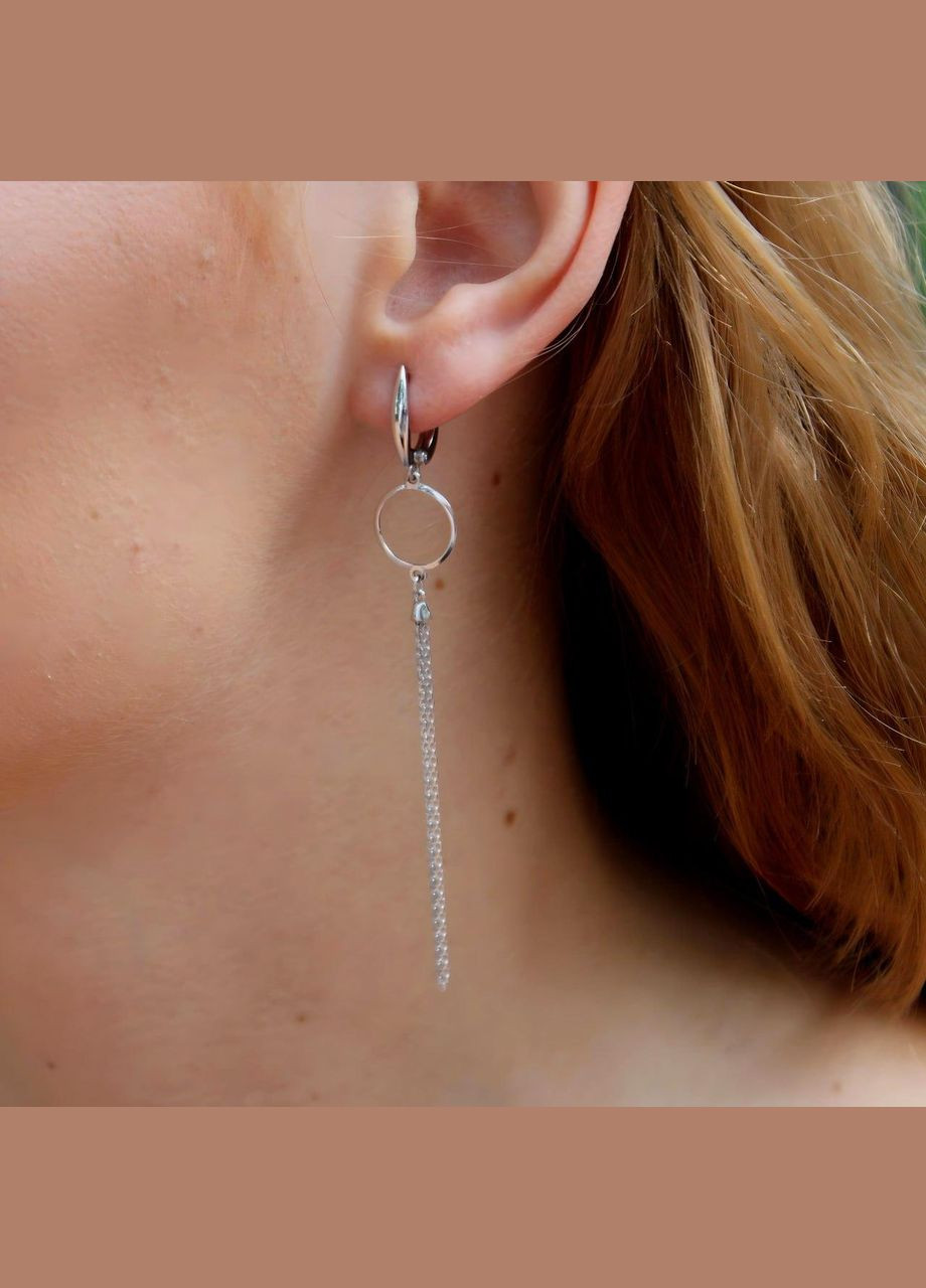 Срібні довгі сережки без каменів Ланцюжки срібло 925 проби Родоване 82823 3.07г No Brand (306743245)