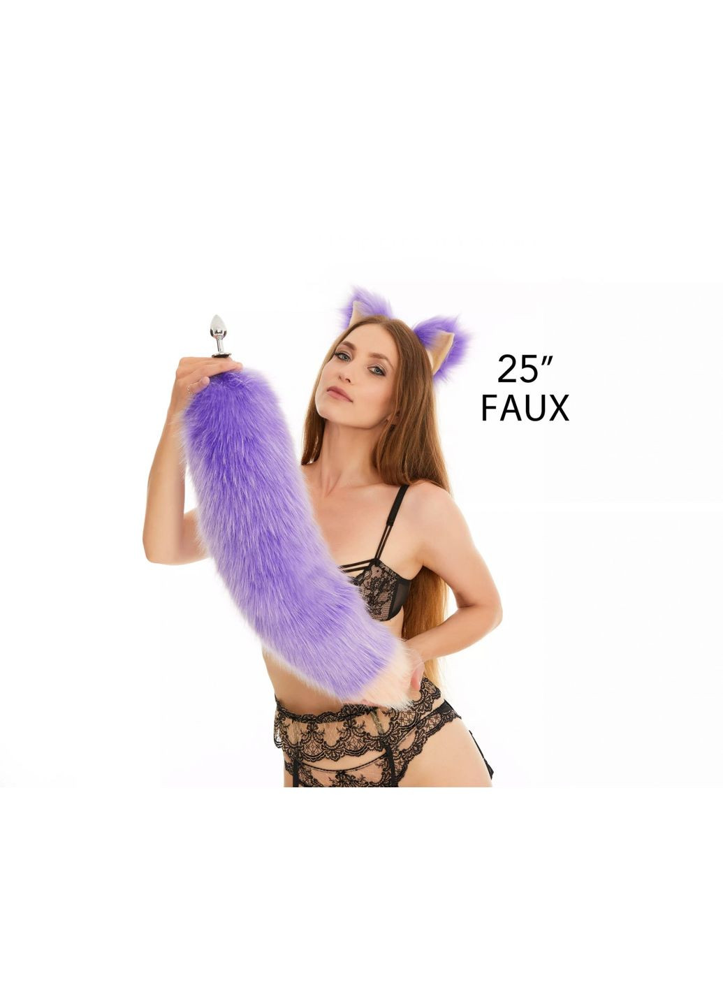 Анальний хутряний пухнастий хвіст без пробки, Фіолетовий з персиковим кінчиком, 60 см. OKOVA (315148954)