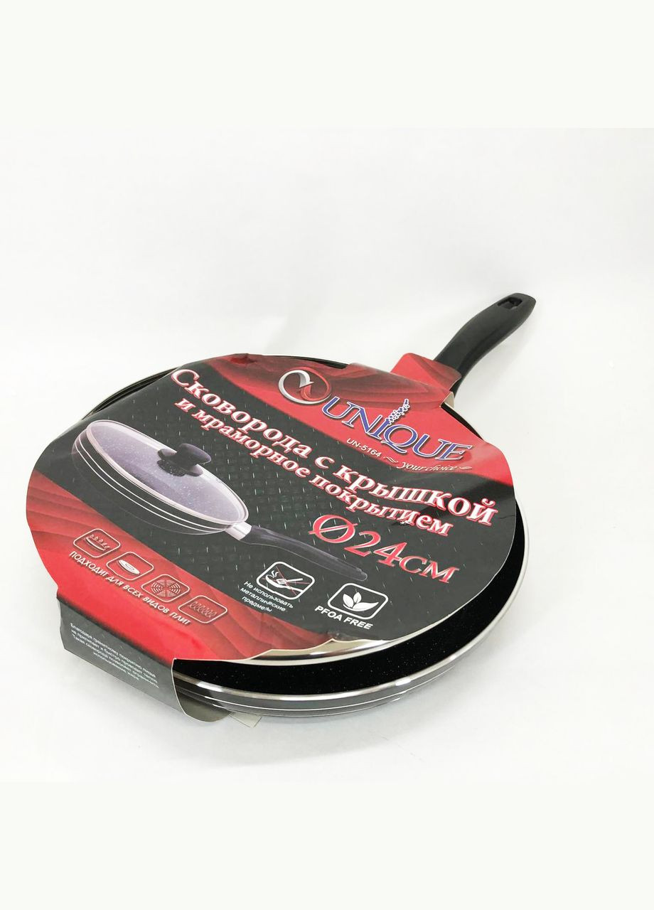 Сковорода з кришкою 24 см чорний мармур UN-5164 | Антипригарна сковорода Мармурова сковорода Unique (364664770)