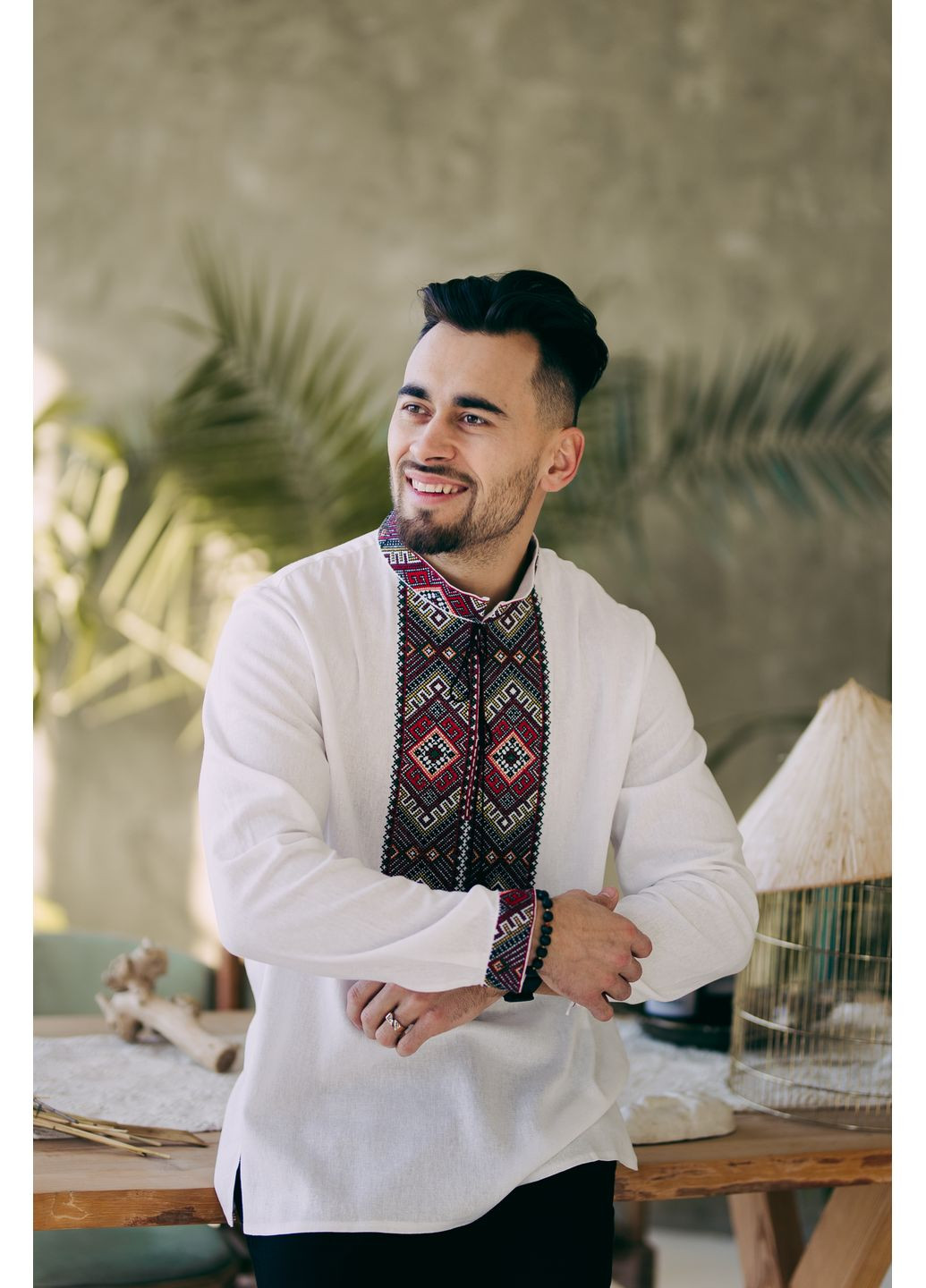 Біла біла чоловіча лляна вишиванка з орнаментом мужність MOTYV візерунок орнамент льон (362003526)