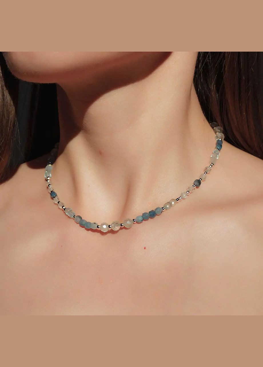 Чокер натуральный голубой Топаз, синий Турмалин, фур-ра гипоалергенный сплав цвет серебро d-4-6мм+- L-39-44см No Brand топаз, турмалин латунь серебро (301425264)