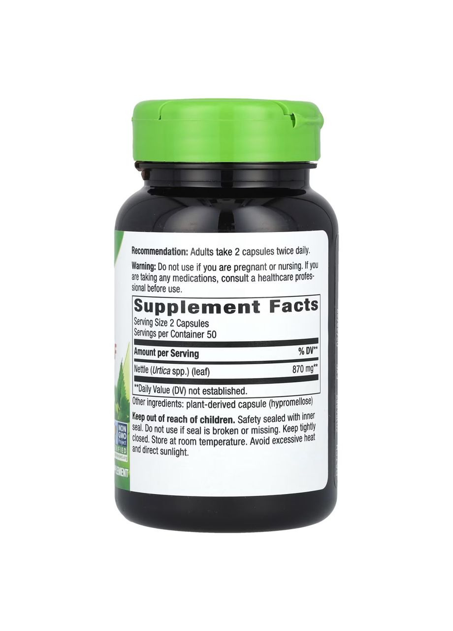 Листья крапивы Nettle Leaf 870 мг 100 веганских капсул Nature's Way (357342999)