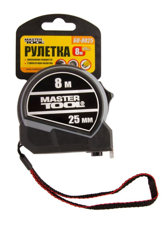 Рулетка 8 м 25 мм фиксатор полотна кнопка STOP нейлоновое покрытие металлическая накладка 60-8025 Mastertool (364965123)