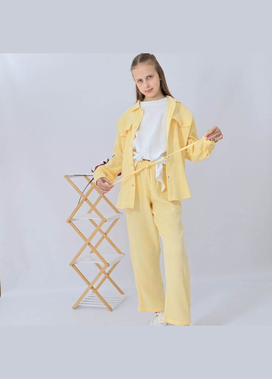 Бирюзовый летний детский лимонный муслиновый комплект унисекс рубашка+ штаны+футболка палаццо mrou с рубашкой, брючный No Brand