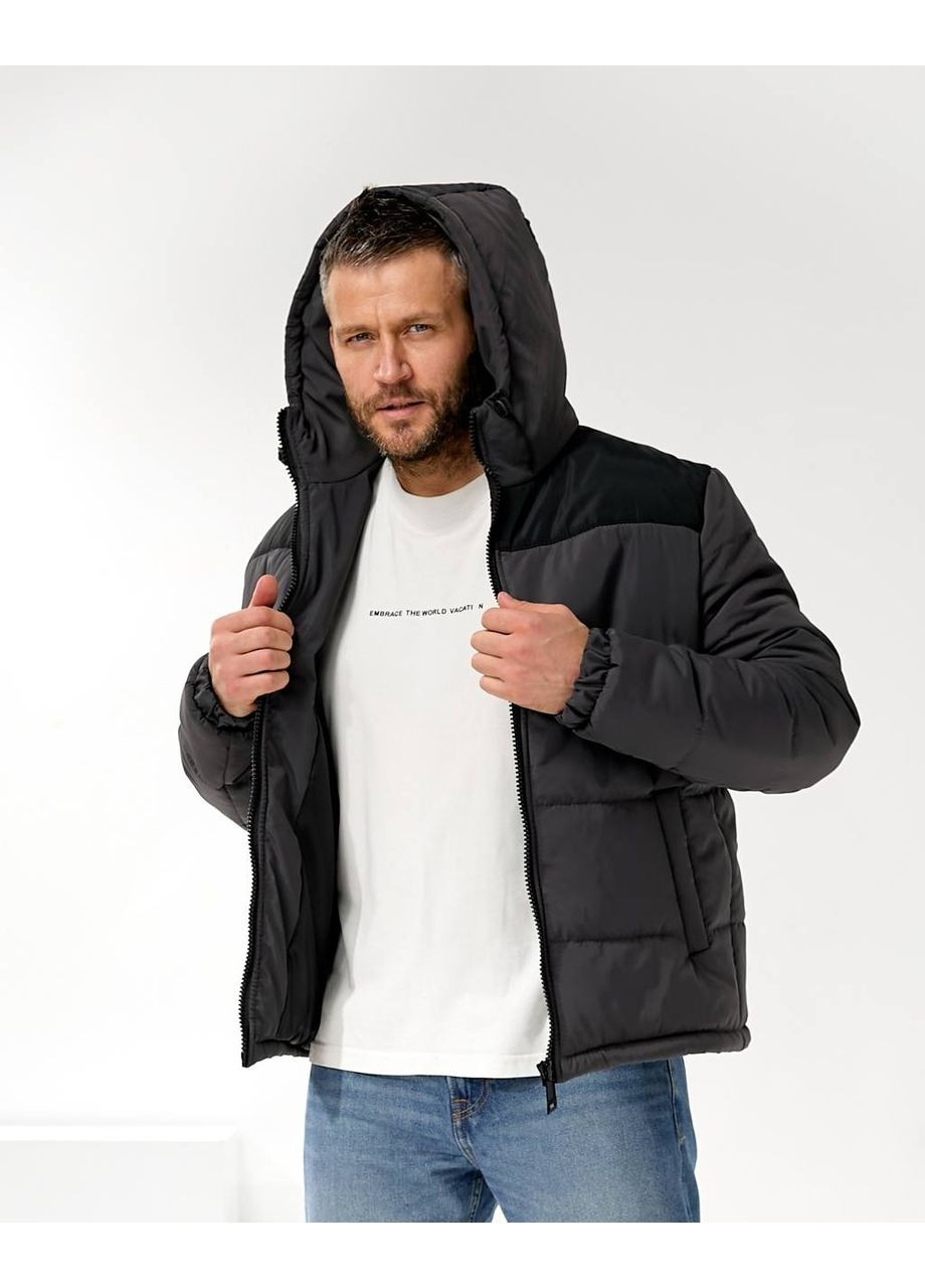 Графитовая мужская зимняя куртка с капюшоном и синтепоном — замеры в описании Vione