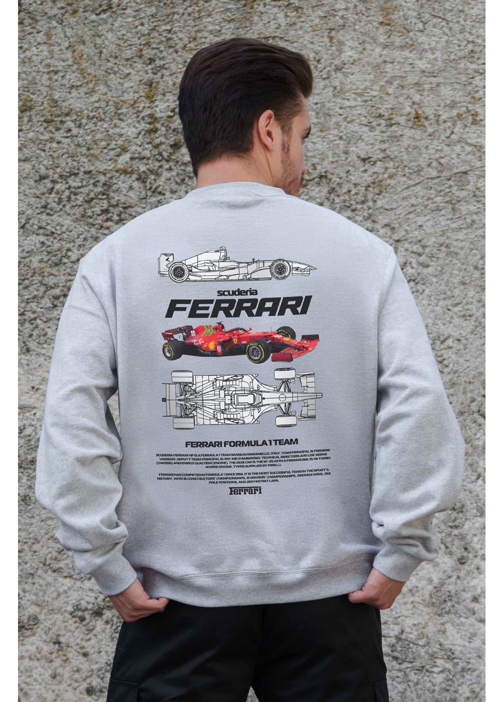 Сірий чоловічий утеплений оверсайз світшот на флісі з принтом ferrari Without однотонний без декору (361267553)