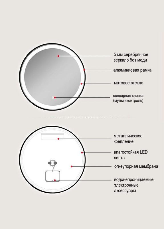 Дзеркало LED DE-M2071D Silver кругле 100смх100см сенсорне включення + підігрів Dusel (316720399)
