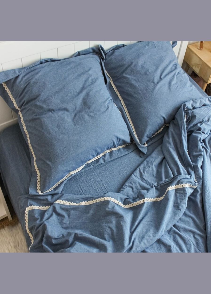 Постельное белье двухспальное евро с кружевом джинс Вареный хлопок 8816 Ananasko (335381971)