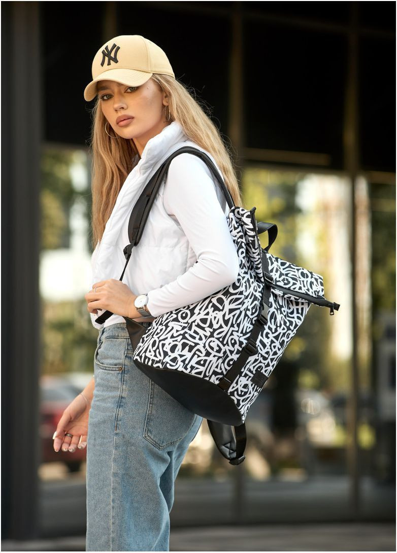 Жіночий тканинний рюкзак роллтоп з кишенею під ноутбук Чорний з принтом Graphity (6240271841) Sambag (361244931)