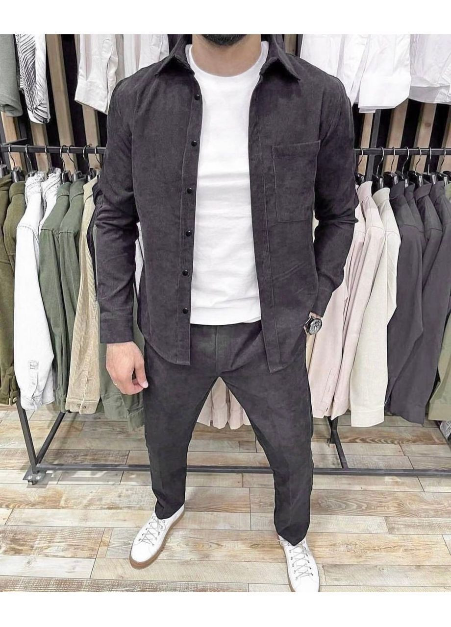 Графитовый демисезонный мужской стильный костюм из микро-вельвета брючный No Brand