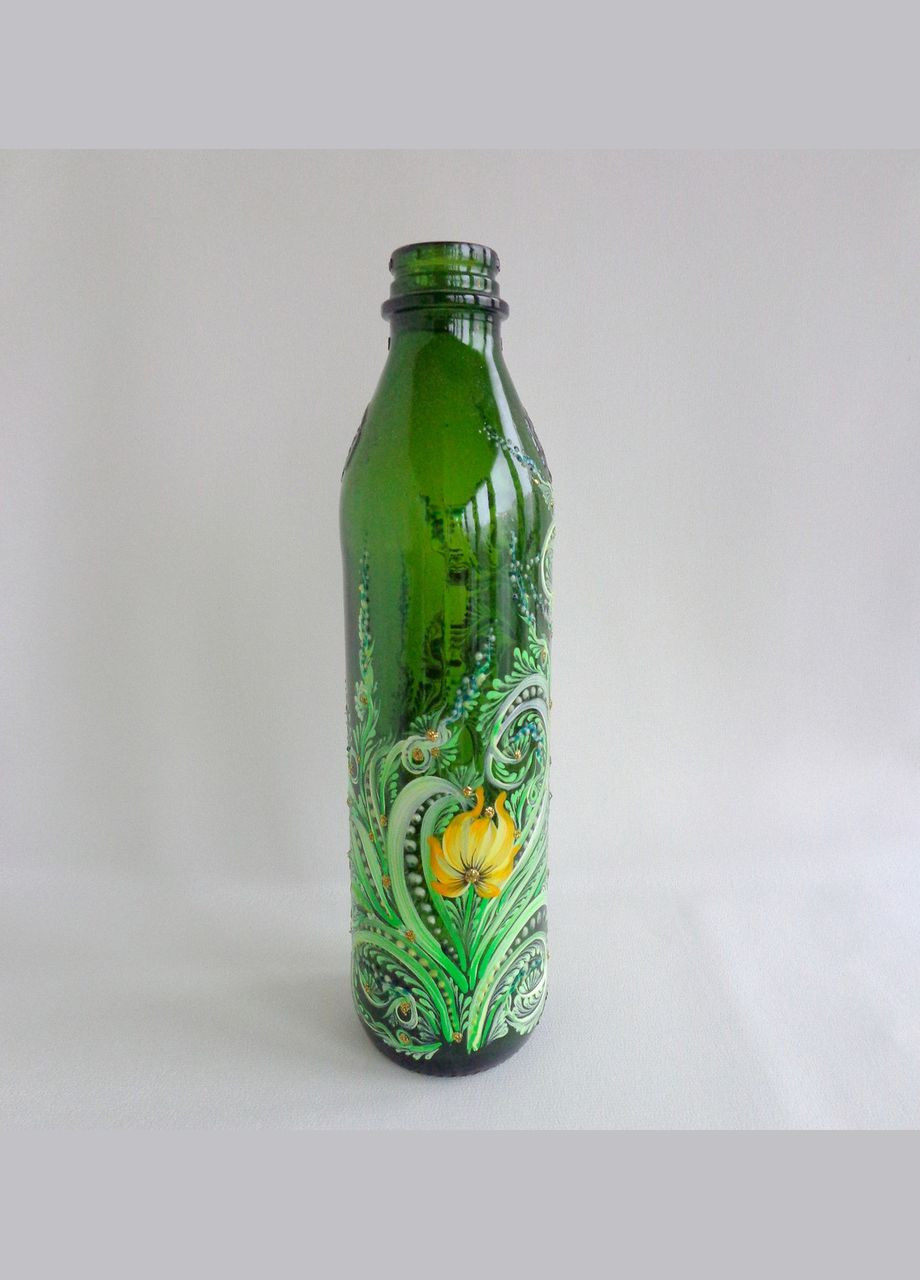 Декоративна зелена інтер'єрна пляшка з авторським розписом "Жовтий тюльпан" No Brand (349842292)