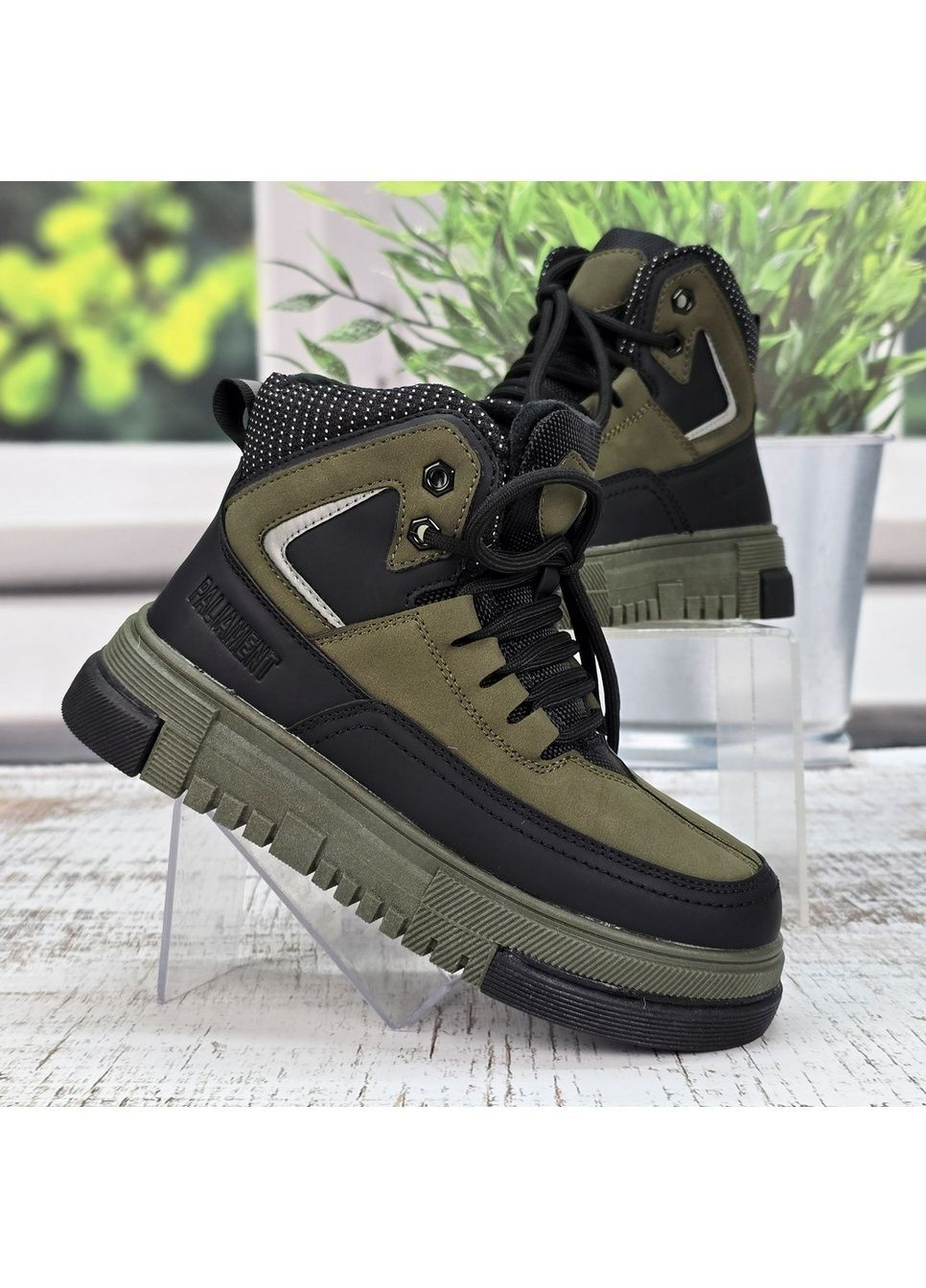 Хаки повседневные зимние ботинки зимние подростковые для мальчика хаки с черным Paliament