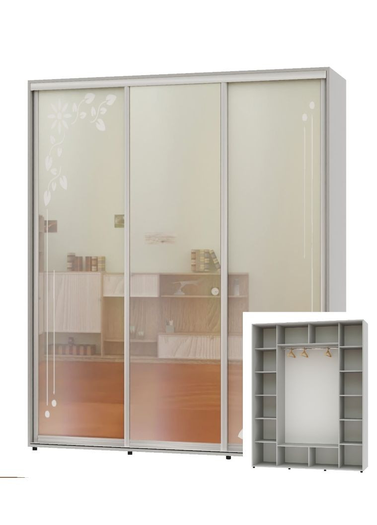 Шкаф-купе трехдверный 190*60*220 Серый 2 Зеркала с пескоструйным рисунком/Зеркало ШК-05 Алекса (360478866)