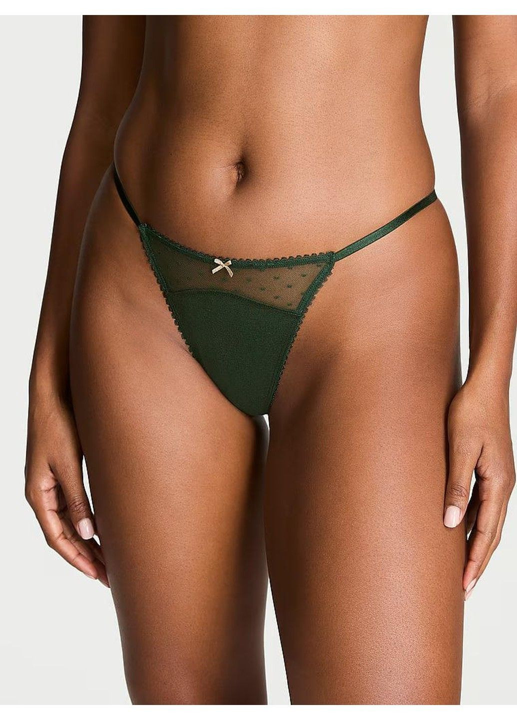 Трусики-стринги женские люксовые Stretch Cotton V-String зеленые Victoria's Secret (347617873)