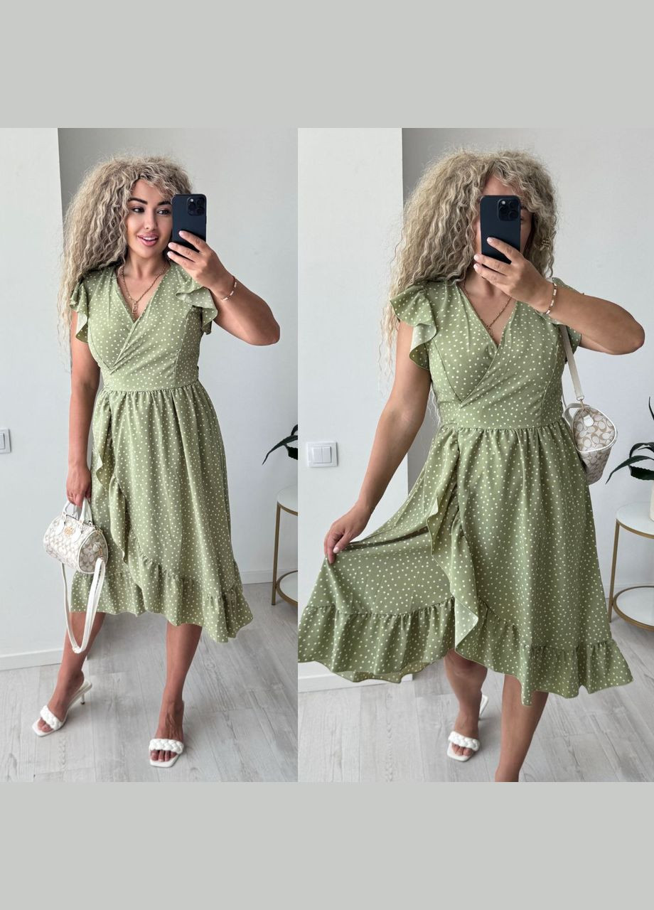 Оливкова повсякденний, кежуал сукня жіноча на запах на запах Україна в горошок