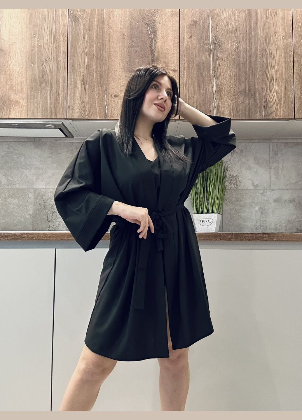 Пудрова всесезон чорний халат і піжама з мереживом Exclusive