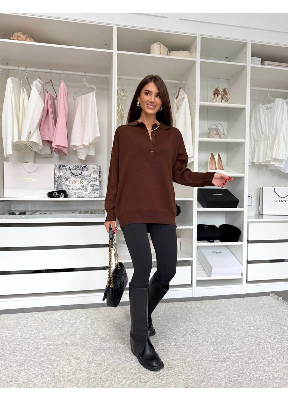 Коричневий демісезонний жіночий светр оверсайз із коміром поло джемпер Україна
