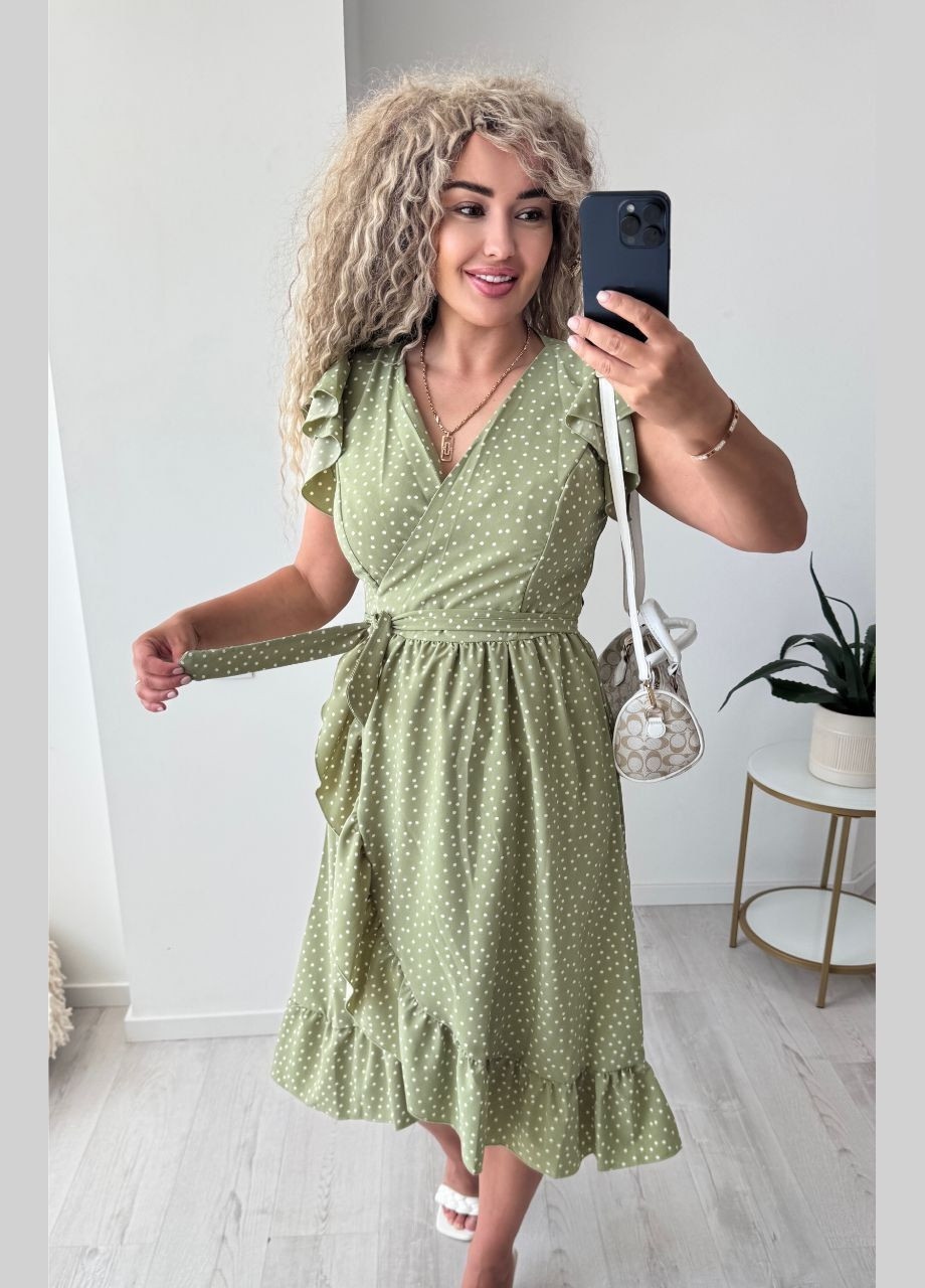 Оливкова повсякденний, кежуал сукня жіноча на запах на запах Україна в горошок