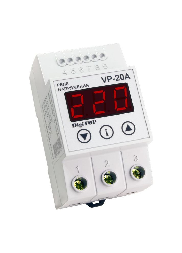 Защитное реле однофазное напряжения VP20A на DIN-рейку, 20А, 4400Вт, 120-270В, трехмодульное с индикатором напряжения (красный) DIGITOP (315435354)