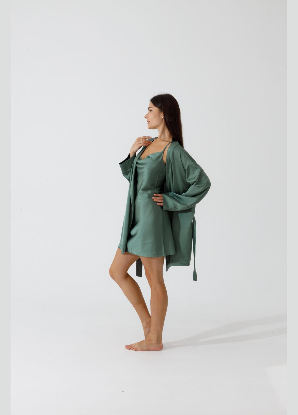 Оливкова (хакі) шовкова піжама халат + сорочка Shine