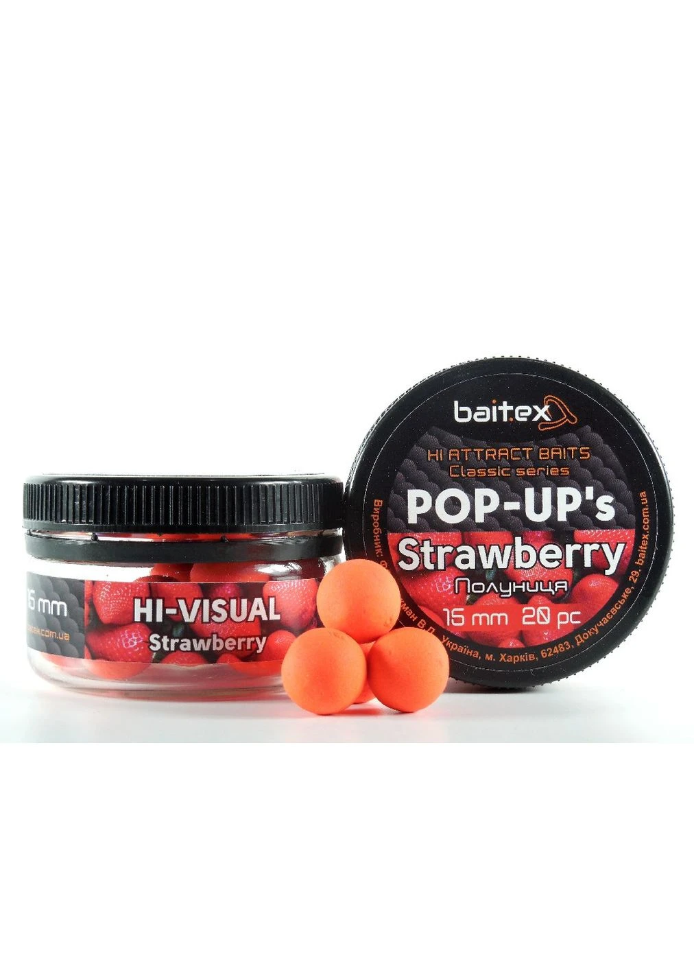 Бойли Pop-Ups Strawberry 15мм (20шт) для рибалки, плаваючі бойли, з фірмовим білковим міксом BAITEX (394953940)