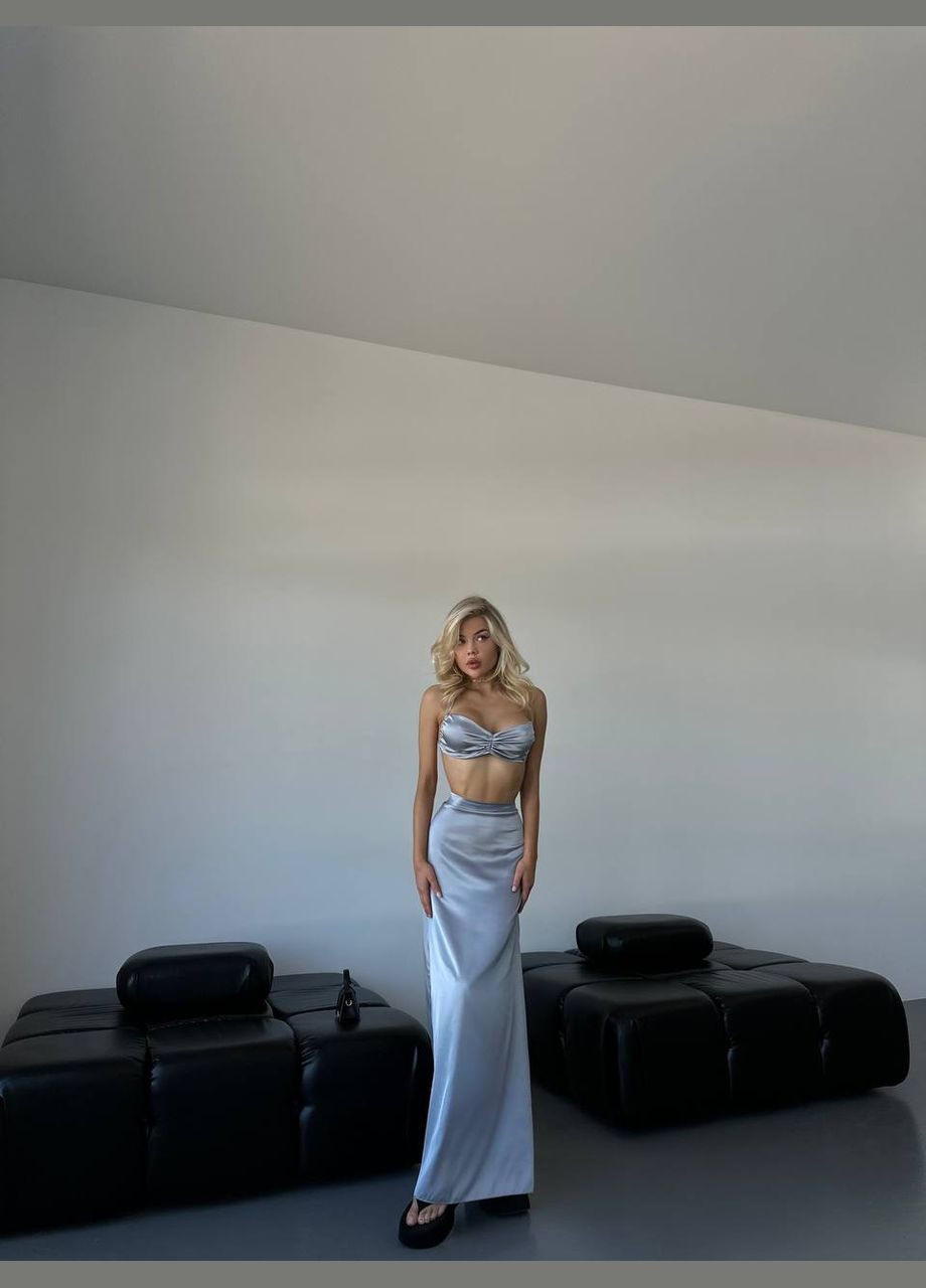 Приятный к телу серый шёлковый костюм двойка (топ+юбка-макси), красивый качественный костюм на вечер No Brand 207-2 (295461841)