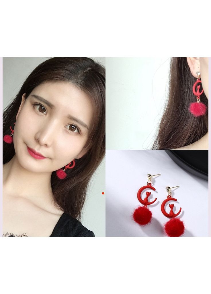 Сережки/сережки гвоздики милі, котики на місяці "Moon cats" (червоний) China (366874581)