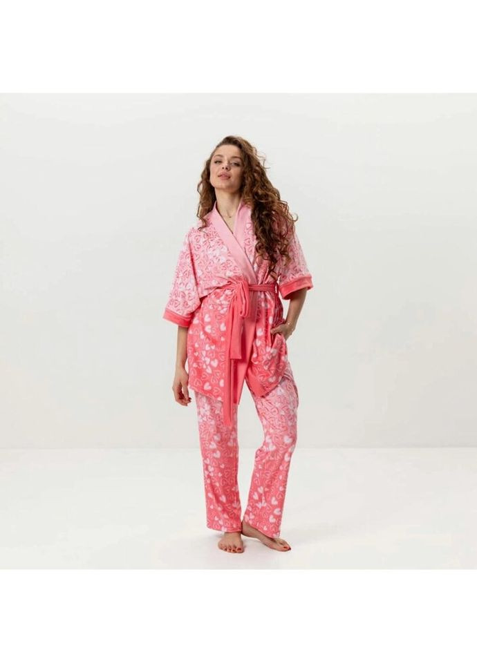 Комбінована всесезон комплект жіночий з плюшевого велюру штани та халат ніжні серця 3426_xl 15990 xl FlexDress