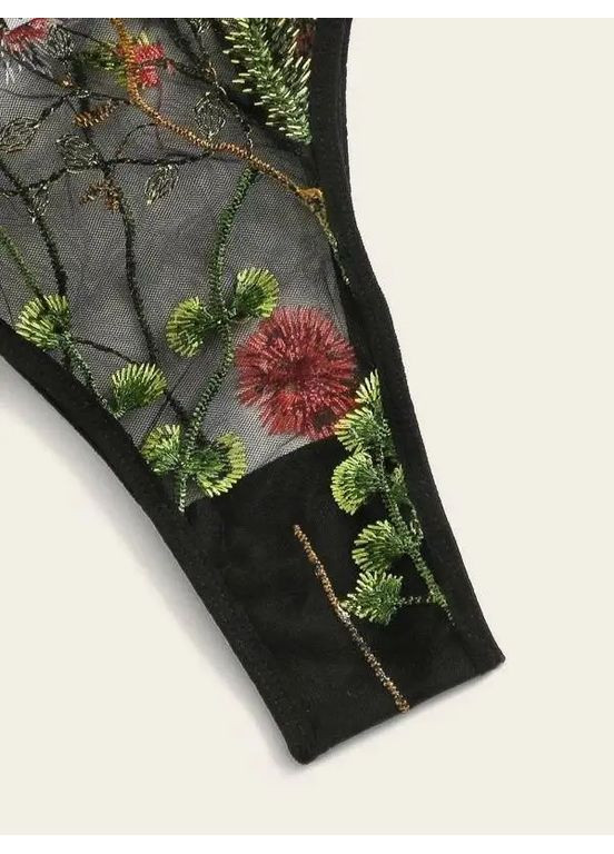 Чорний демісезонний звабливий комплект білизни з вишивкою на сіточці spring, комплект жіночої білизни з трусиками бразильськими No Brand комплект білизни з вишивкою на сіточці Spring чорний