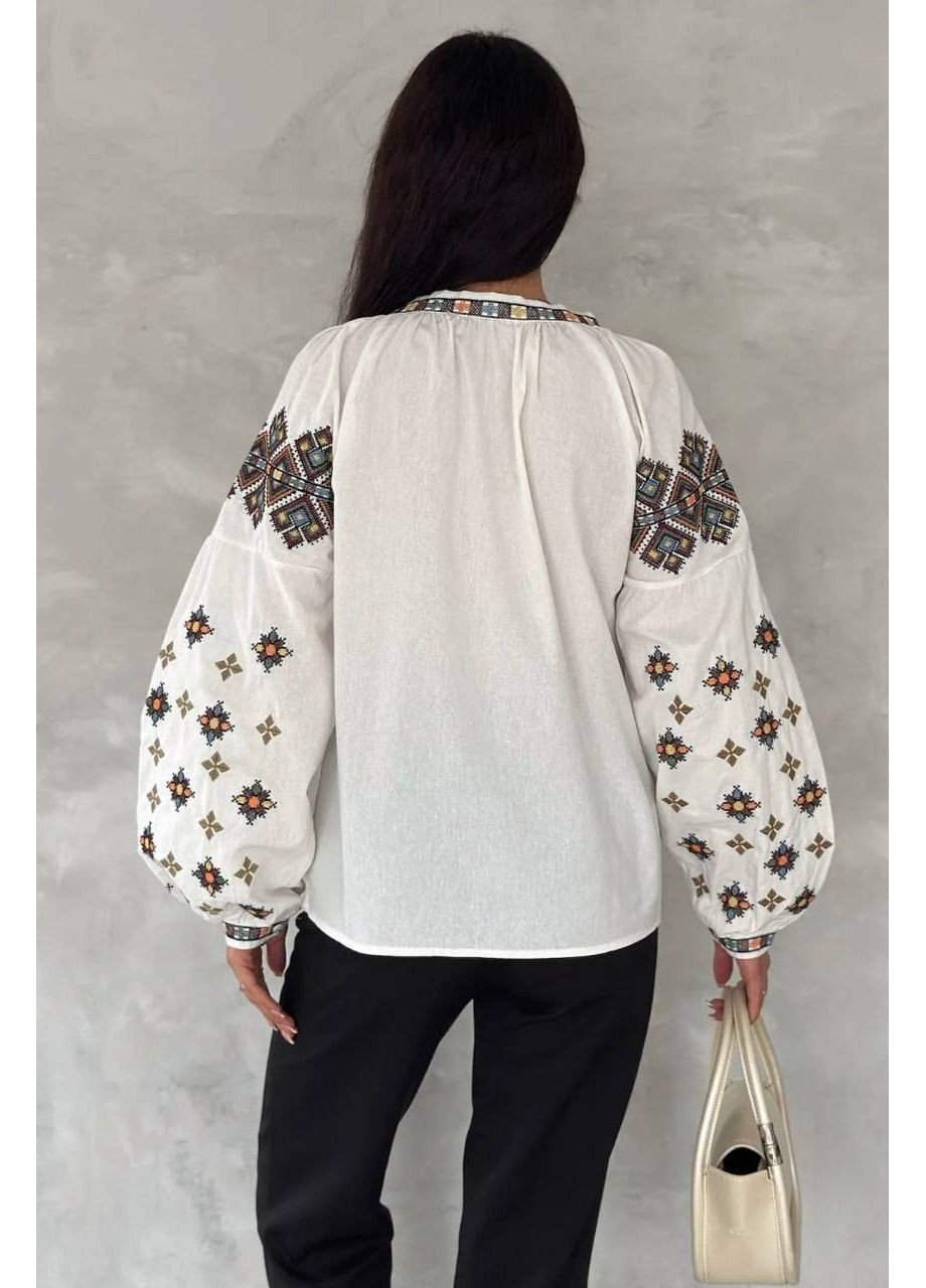 Молочная колоритная черная блуза вышиванка с геометрическим орнаментом, женская рубашка с вышивкой, этно вышитая рубашка. узор геометрический прямой, свободная хлопок, полиэстер (352189084)