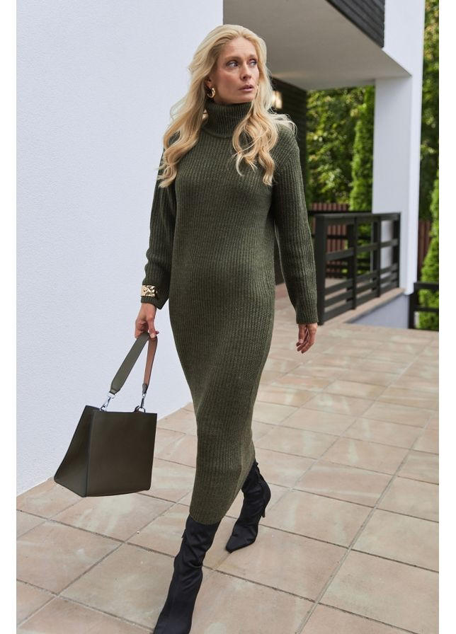 Оливкова (хакі) повсякденний жіноча тепла довга сукня з вовни (2897) Triko Bakh